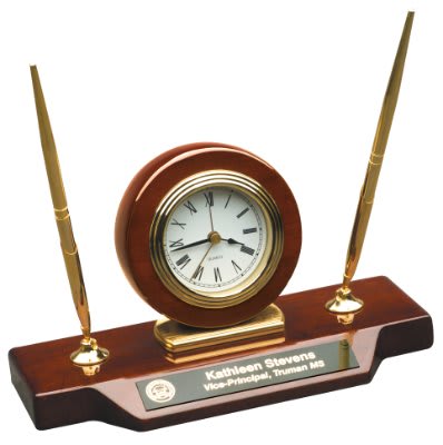 Piano Finish Desk Clock on Base with 2 Pens - 9" x 4 3/4"