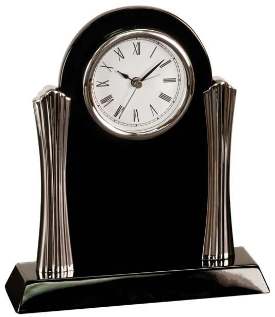 Black Piano Finish Clock with Silver Columns - 8 1/4" x 7 1/2"