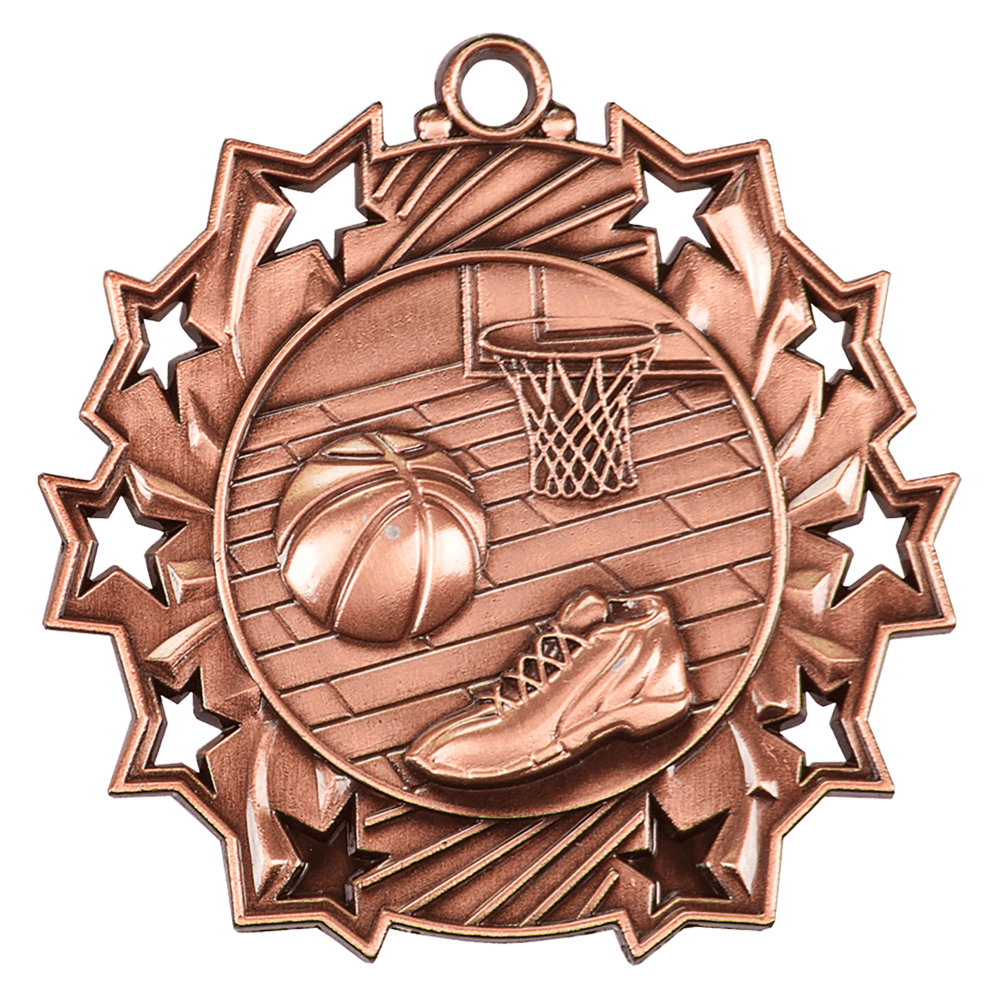 Antique Bronze Basketball Ten Star Medal - 2 1/4"