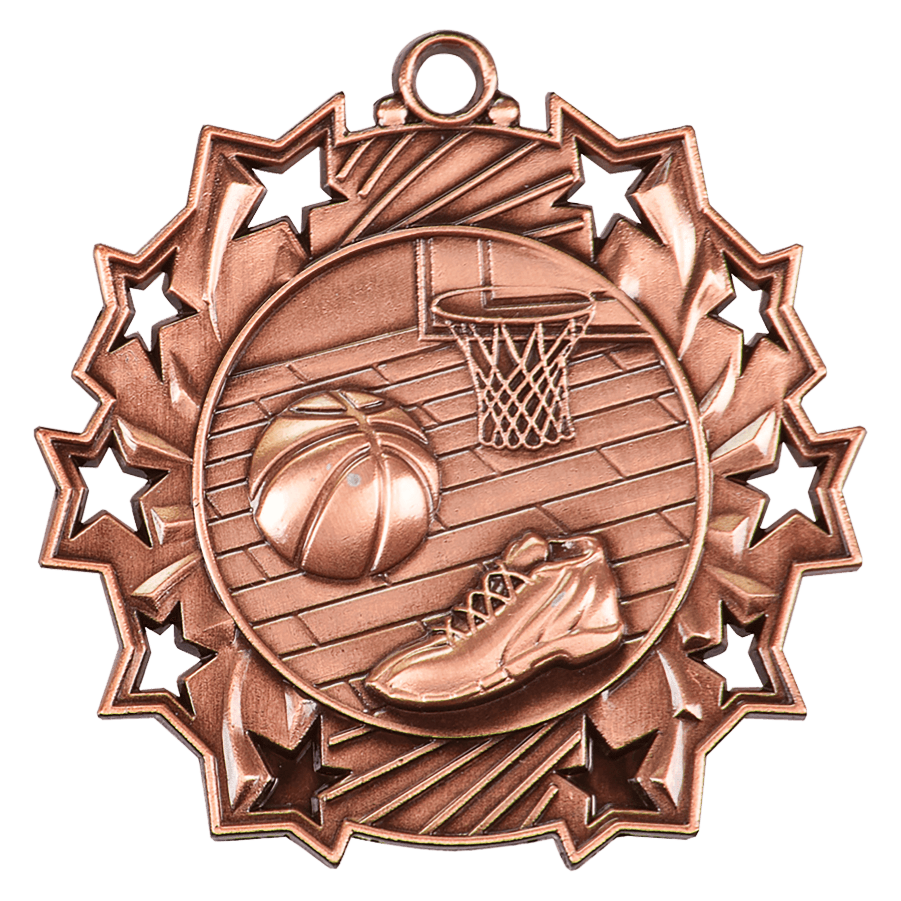 Antique Bronze Basketball Ten Star Medal - 2 1/4"