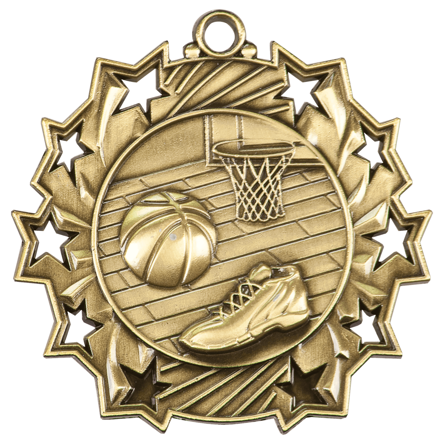 Antique Gold Basketball Ten Star Medal - 2 1/4"