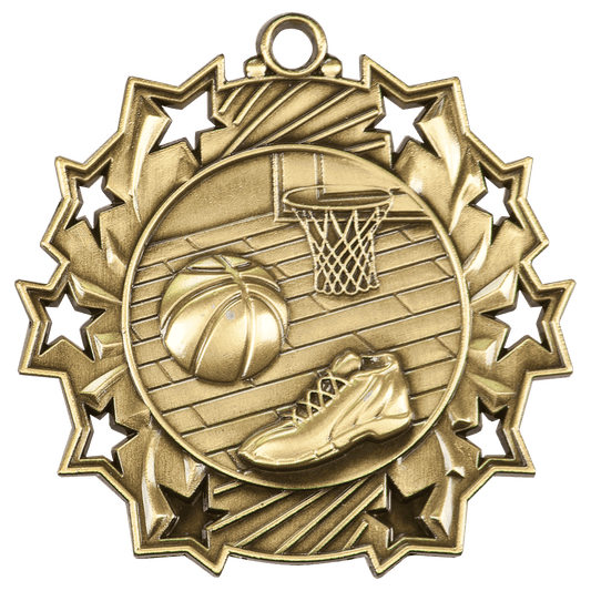 Antique Gold Basketball Ten Star Medal - 2 1/4"