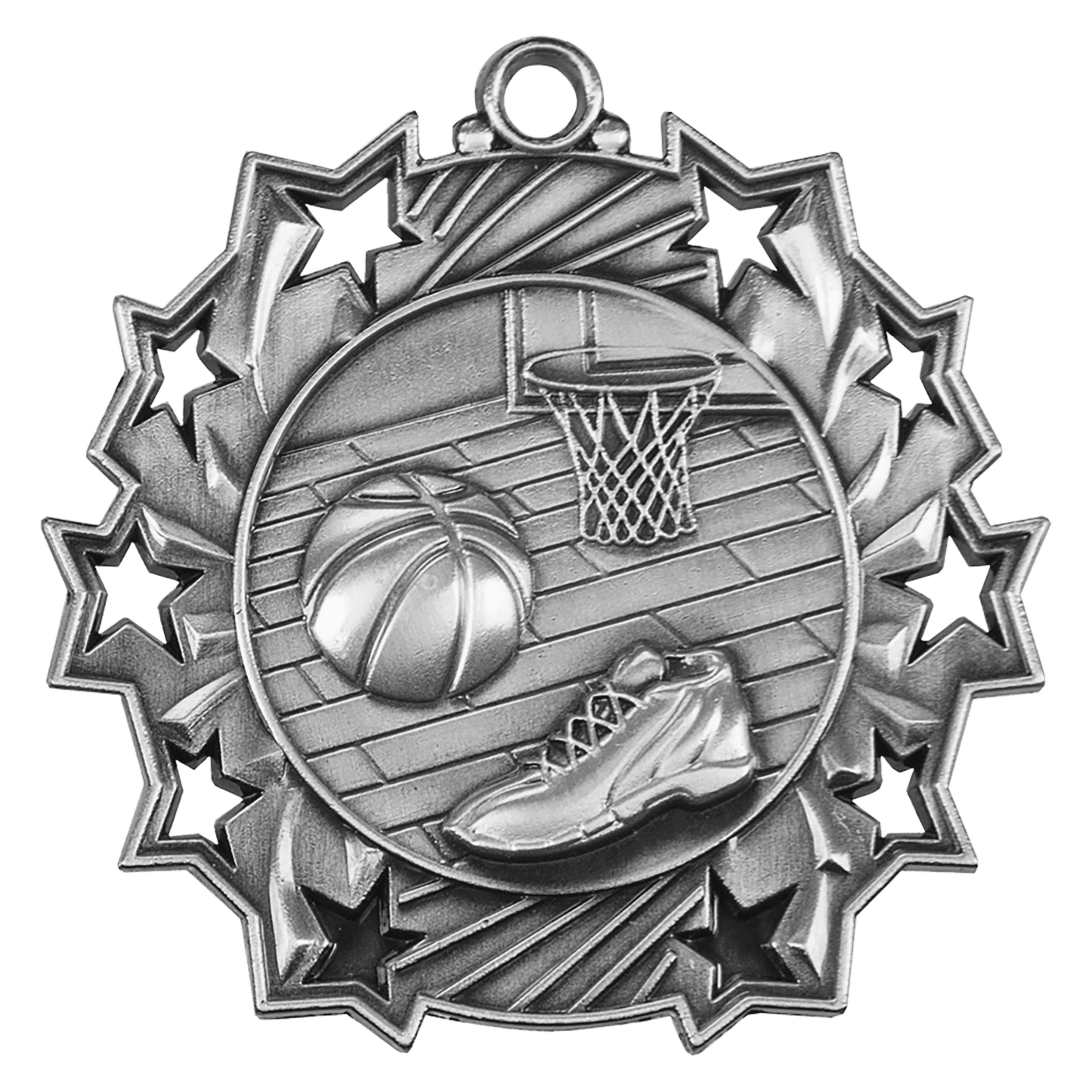 Antique Silver Basketball Ten Star Medal - 2 1/4"