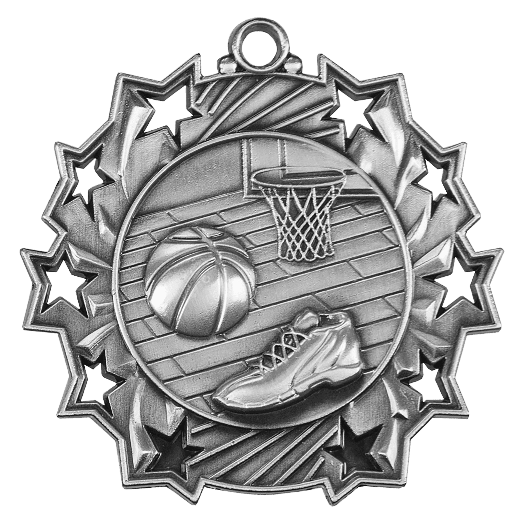 Antique Silver Basketball Ten Star Medal - 2 1/4"