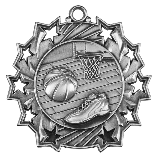 Antique Silver Basketball Ten Star Medal - 2 1/4"