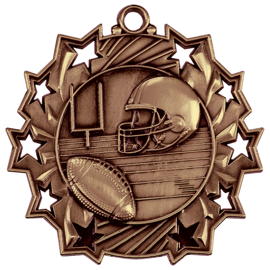 Antique Bronze Football Ten Star Medal - 2 1/4"