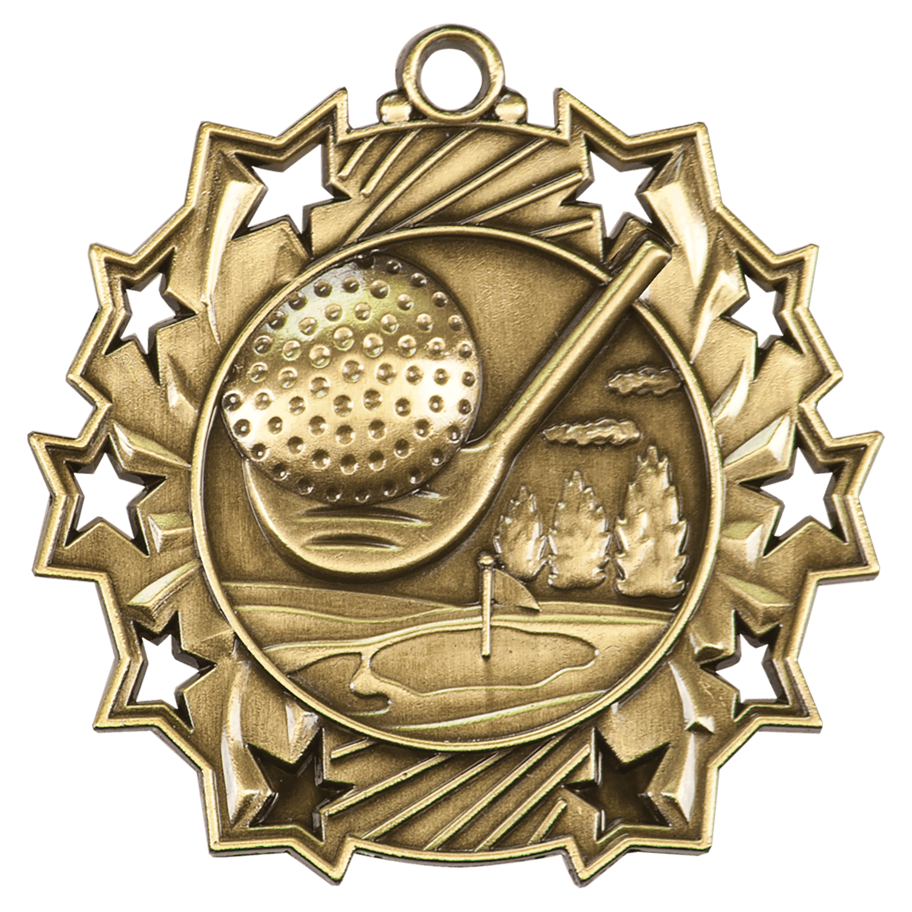 Antique Gold Golf Ten Star Medal - 2 1/4"