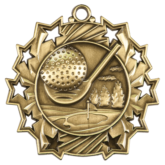 Antique Gold Golf Ten Star Medal - 2 1/4"
