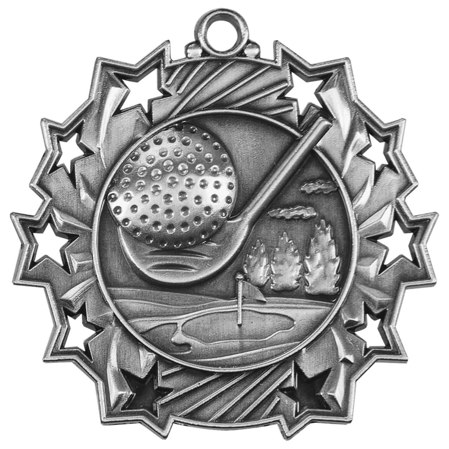 2 1/4" Antique Silver Golf Ten Star Medal