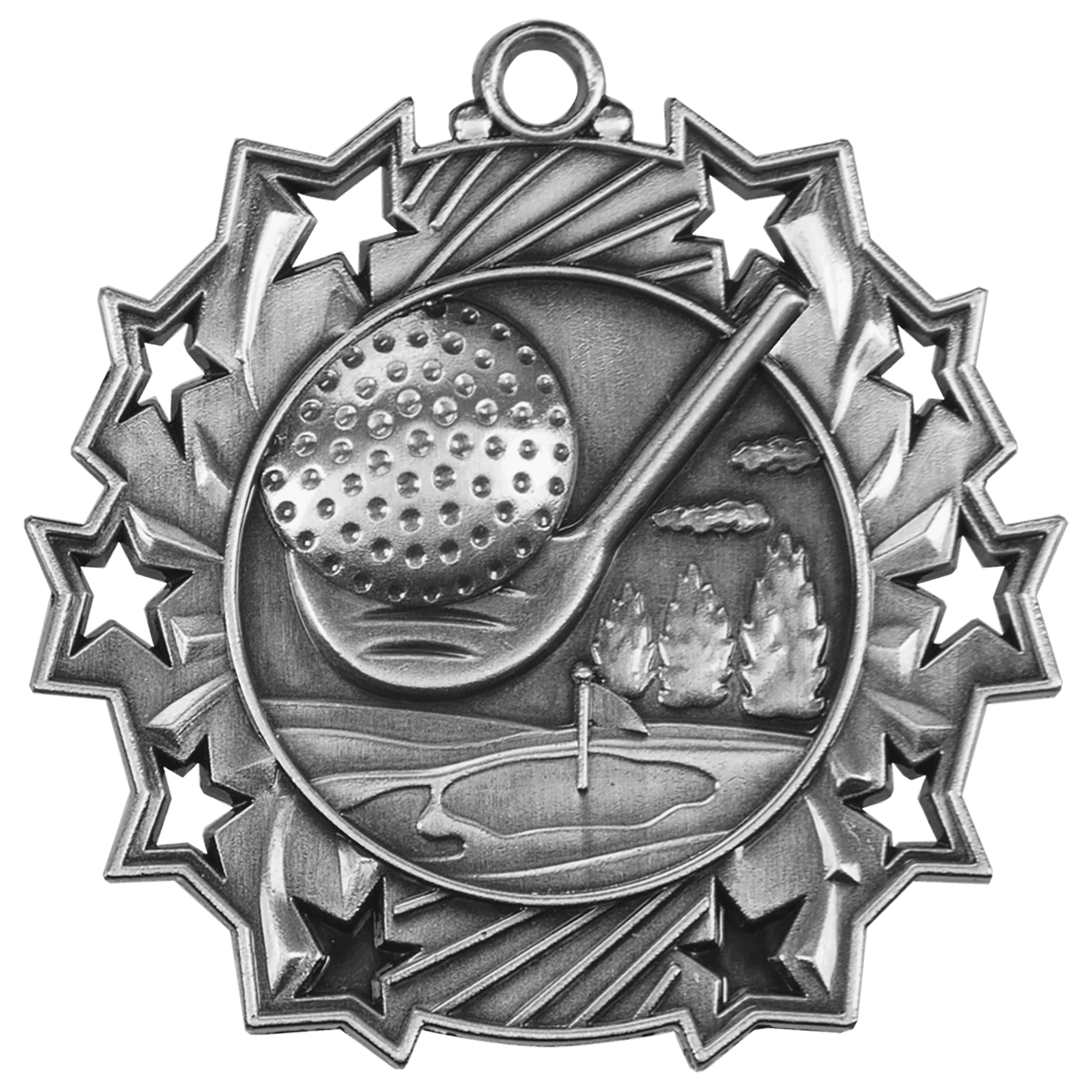 2 1/4" Antique Silver Golf Ten Star Medal