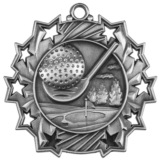 Antique Silver Golf Ten Star Medal - 2 1/4"