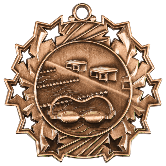 Antique Bronze Swimming Ten Star Medal - 2 1/4"