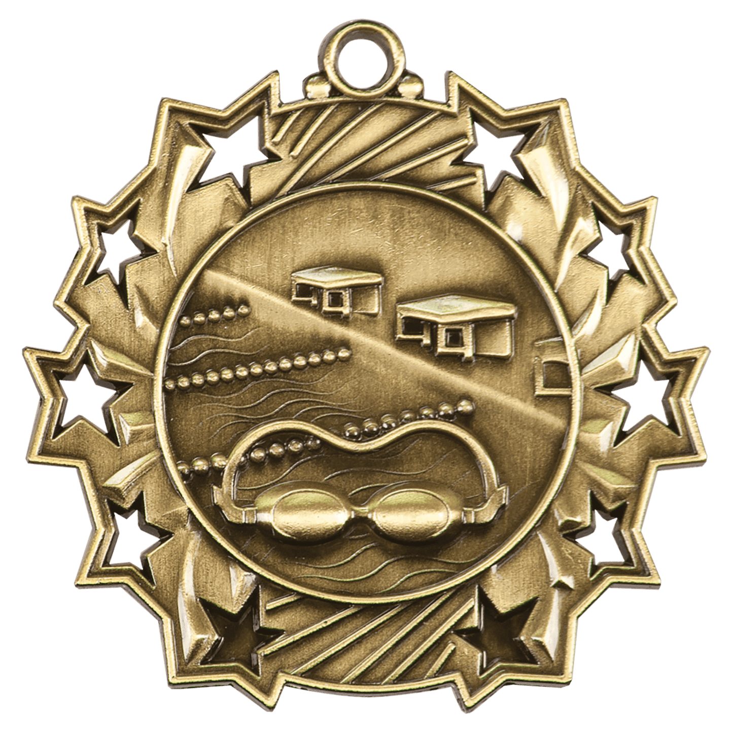 Antique Gold Swimming Ten Star Medal - 2 1/4"