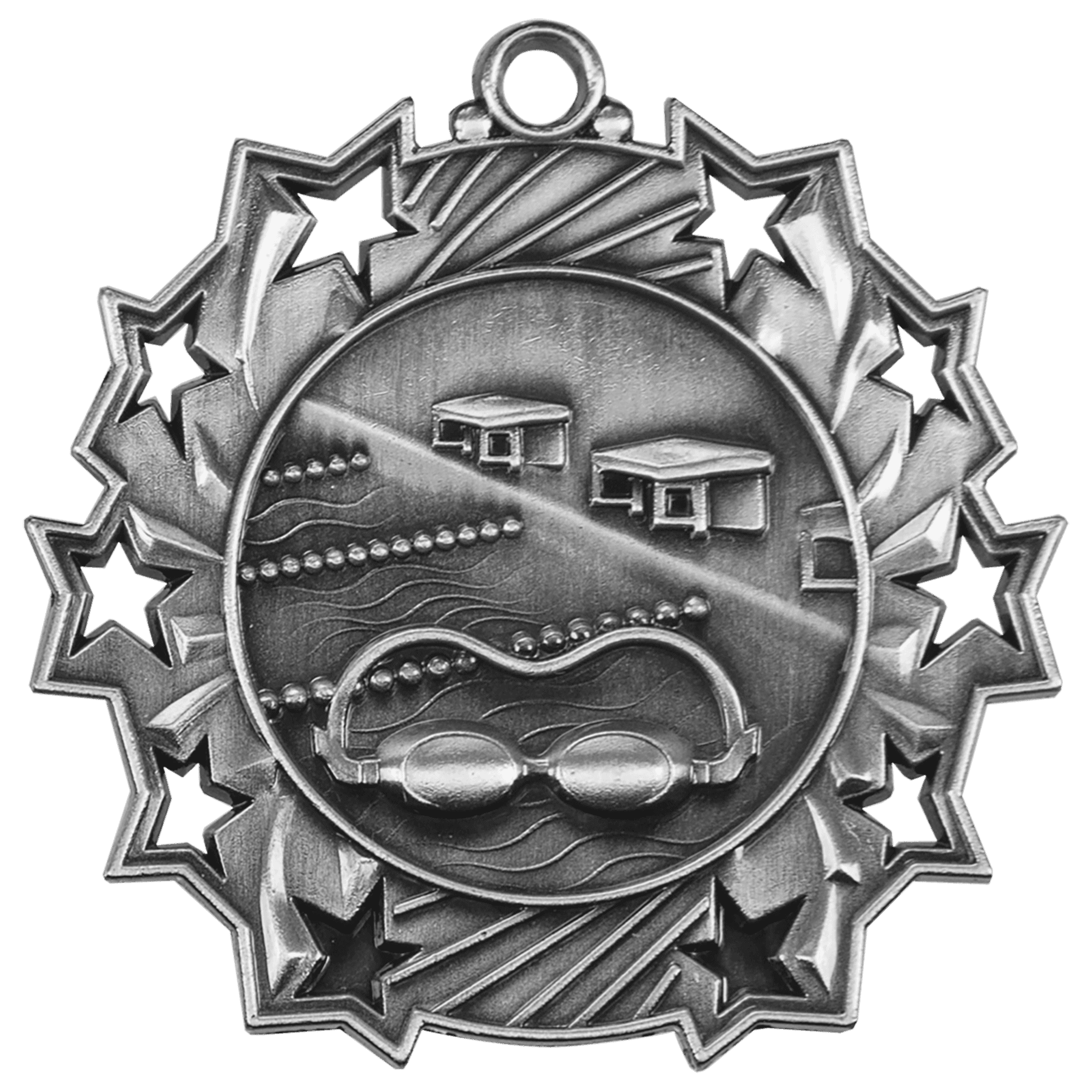 Antique Silver Swimming Ten Star Medal - 2 1/4"