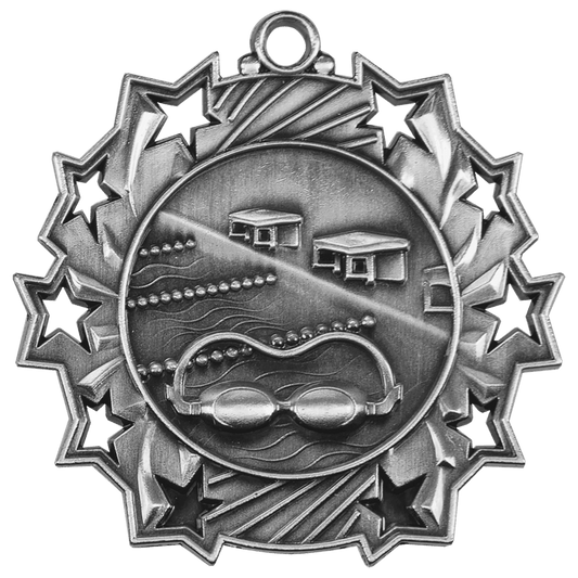 Antique Silver Swimming Ten Star Medal - 2 1/4"