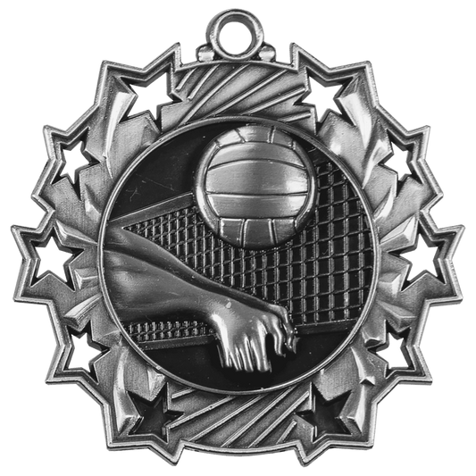 Antique Silver Volleyball Ten Star Medal - 2 1/4"