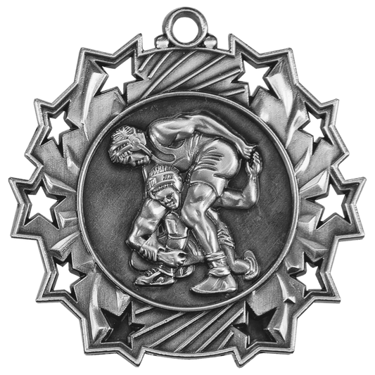 2 1/4" Antique Silver Wrestling Ten Star Medal