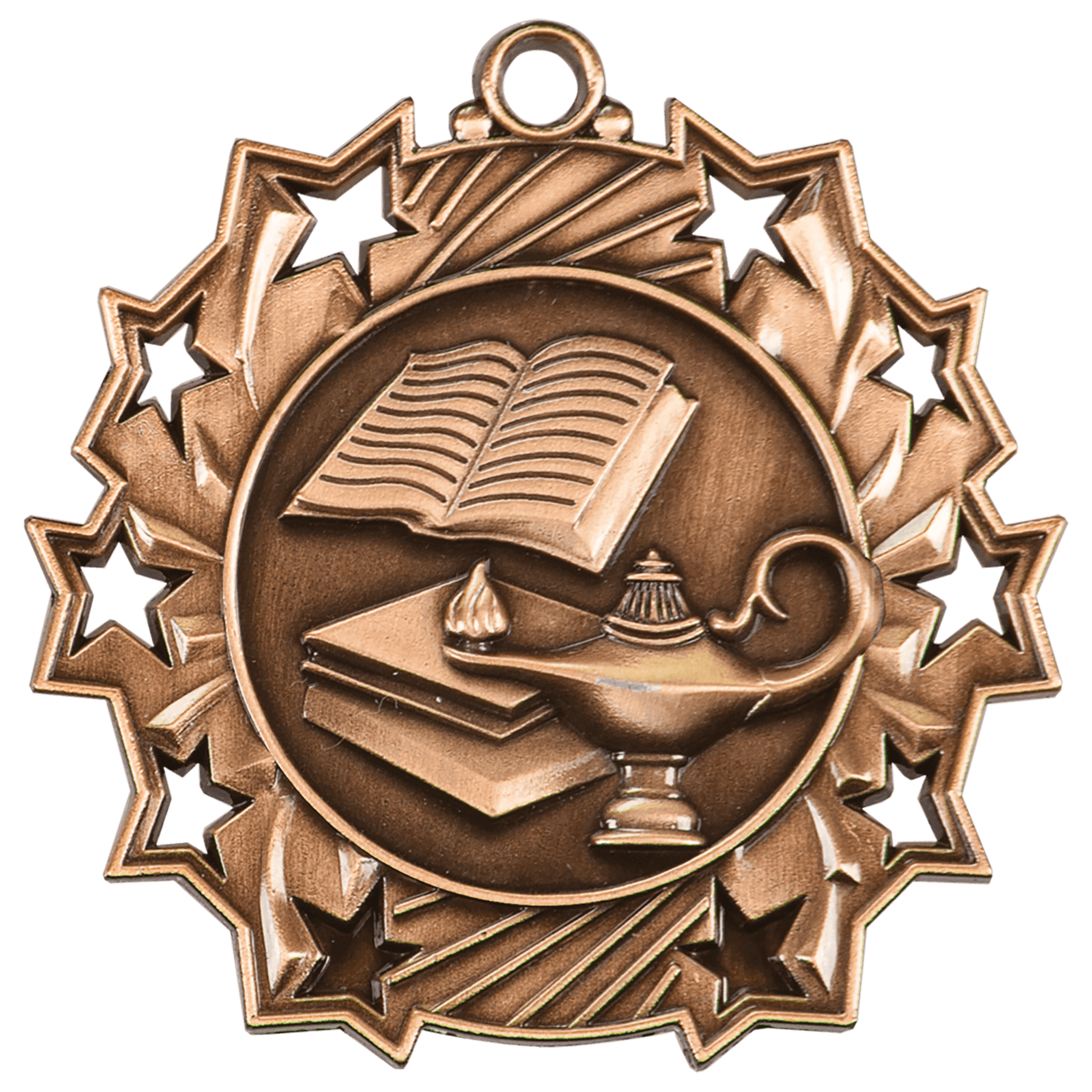 Antique Bronze Lamp of Knowledge Ten Star Medal - 2 1/4"
