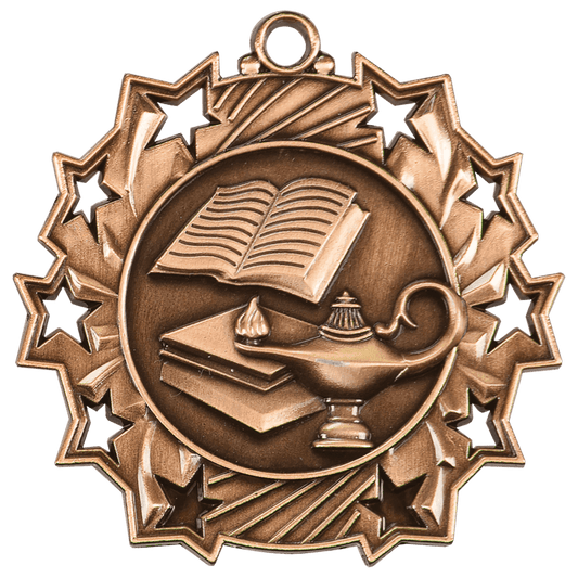 Antique Bronze Lamp of Knowledge Ten Star Medal - 2 1/4"