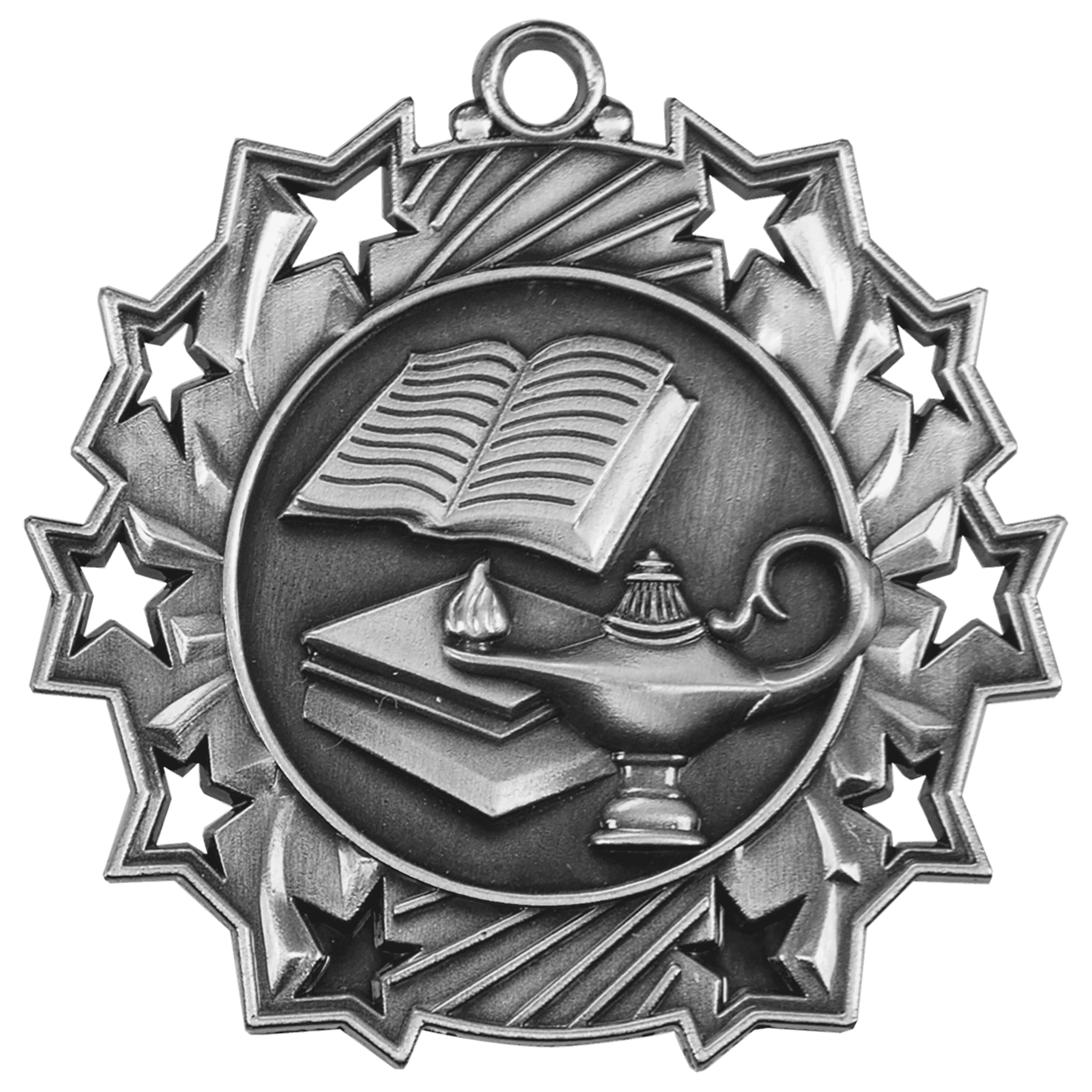 Antique Silver Lamp of Knowledge Ten Star Medal - 2 1/4"