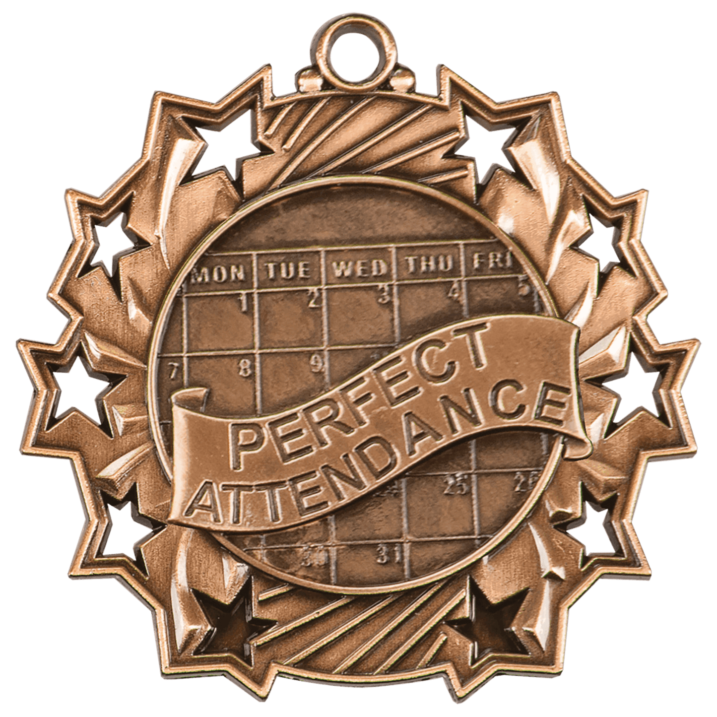 Antique Bronze Perfect Attendance Ten Star Medal - 2 1/4"