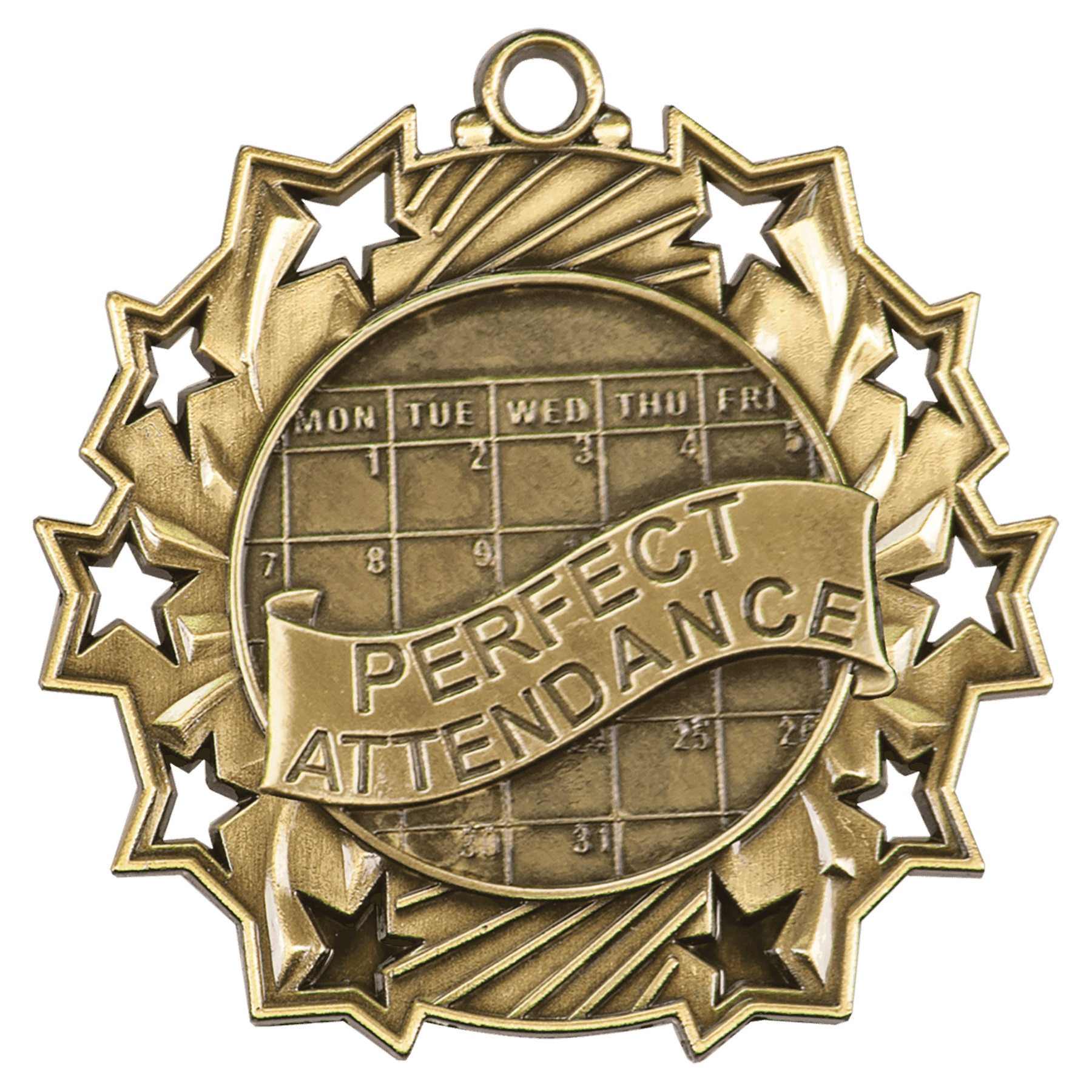 Antique Gold Perfect Attendance Ten Star Medal - 2 1/4"