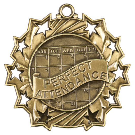 Antique Gold Perfect Attendance Ten Star Medal - 2 1/4"