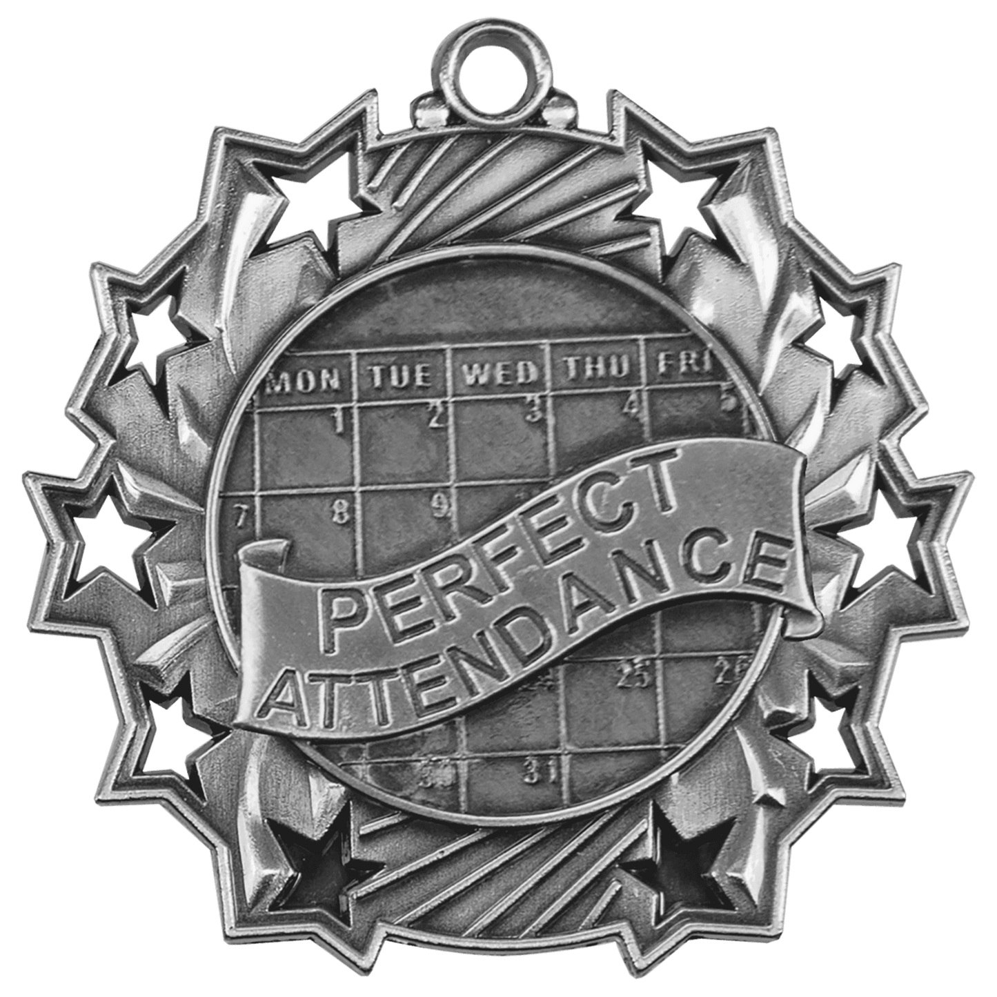 Antique Silver Perfect Attendance Ten Star Medal - 2 1/4"
