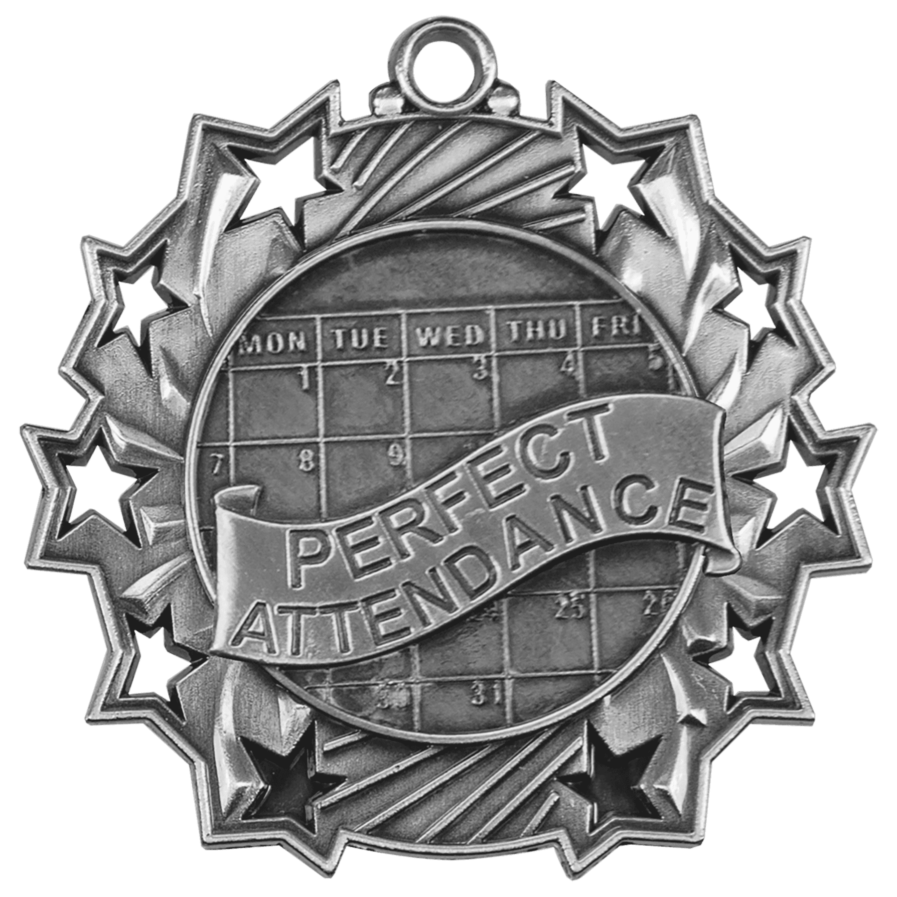 Antique Silver Perfect Attendance Ten Star Medal - 2 1/4"