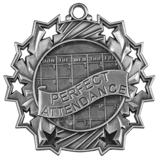 Antique Silver Perfect Attendance Ten Star Medal - 2 1/4"