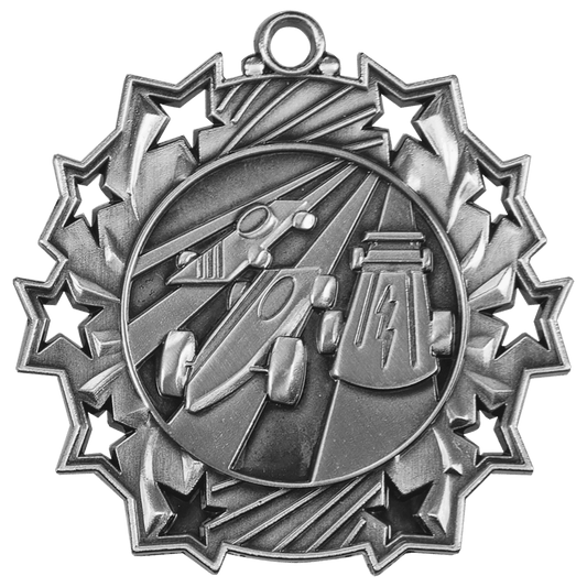 2 1/4" Antique Silver Pinewood Derby Ten Star Medal