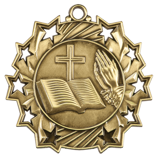2 1/4" Antique Gold Religious Ten Star Medal
