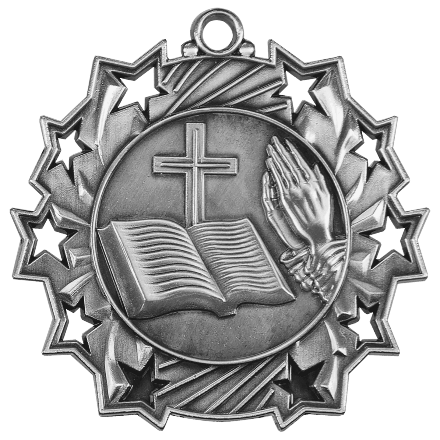 2 1/4" Antique Silver Religious Ten Star Medal