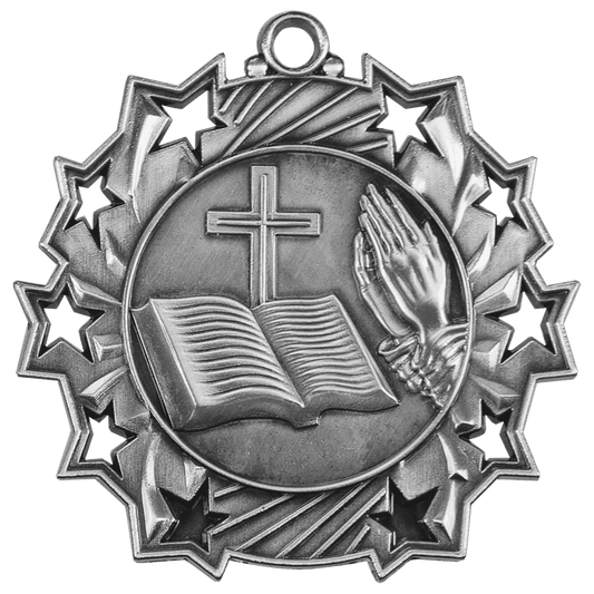 2 1/4" Antique Silver Religious Ten Star Medal