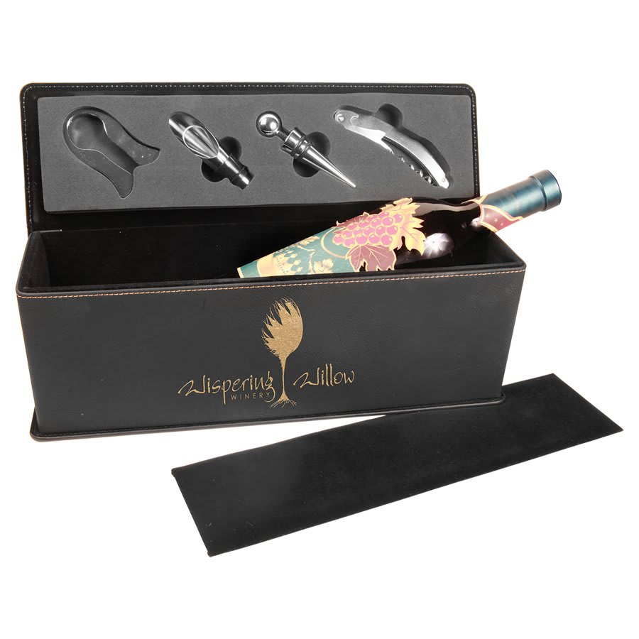 Black/Gold Engravable Leatherette Single Wine Box with Tools