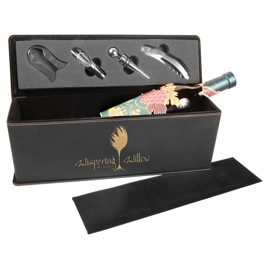 Black/Gold Engravable Leatherette Single Wine Box with Tools