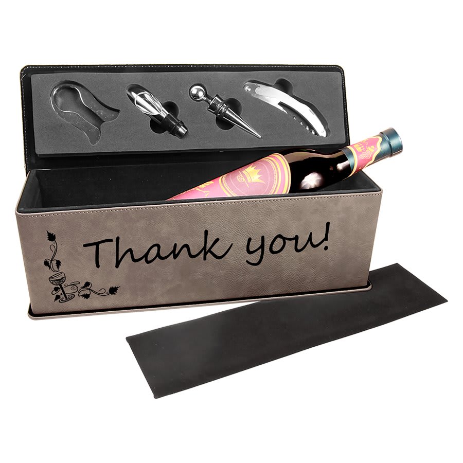 Gray Engravable Leatherette Single Wine Box with Tools