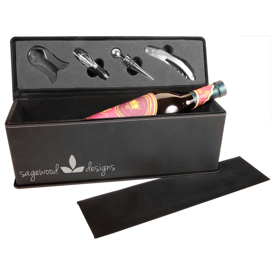 Black/Silver Engravable Leatherette Single Wine Box with Tools
