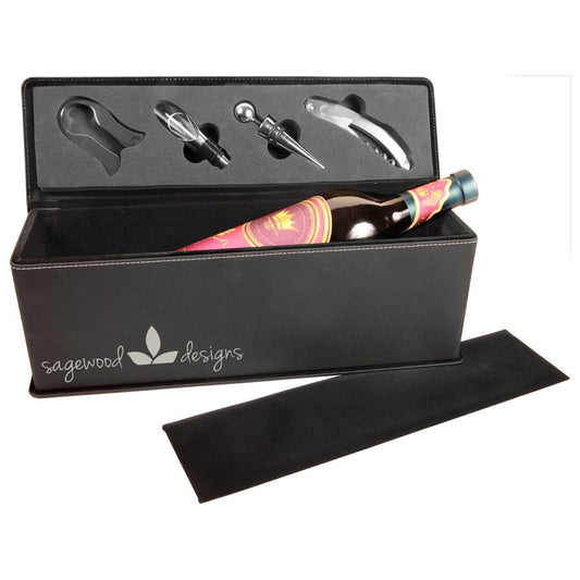 Black/Silver Engravable Leatherette Single Wine Box with Tools