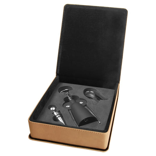 Light Brown Engravable Leatherette 3-Piece Wine Tool Gift Set