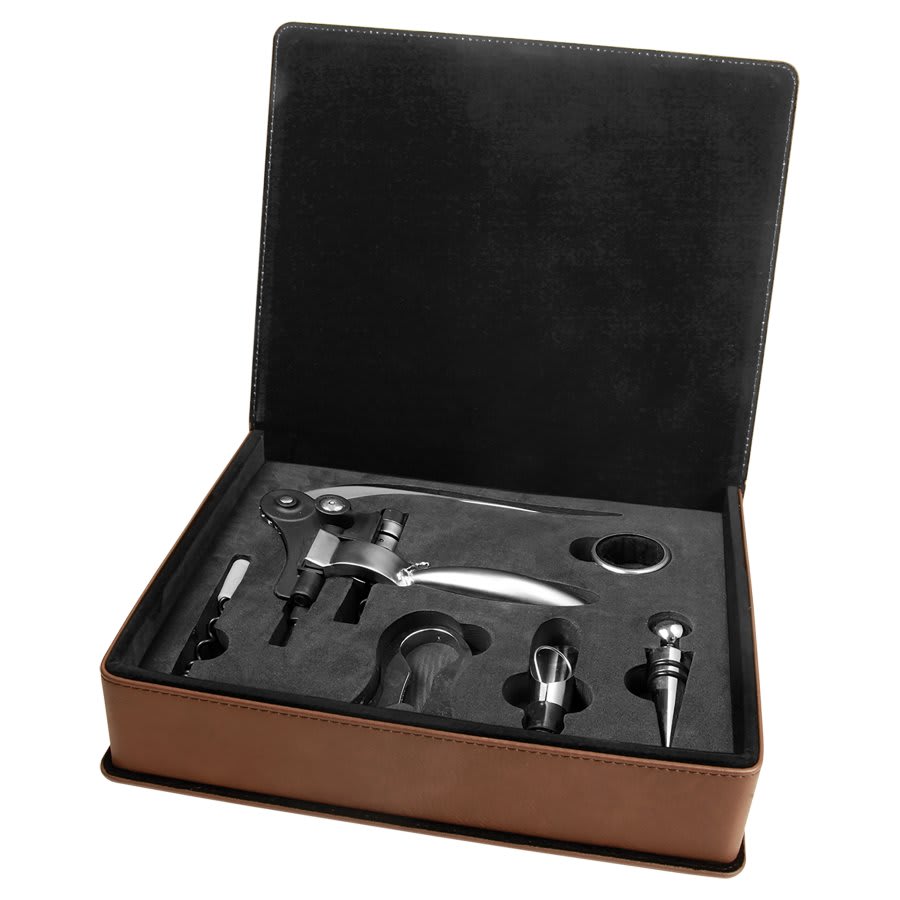 Dark Brown Engravable Leatherette 5-Piece Wine Tool Gift Set