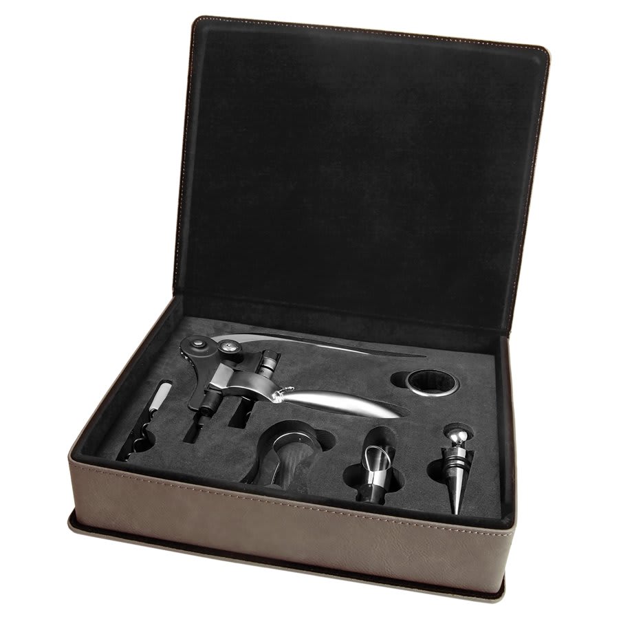 Gray Engravable Leatherette 5-Piece Wine Tool Gift Set
