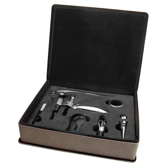 Gray Engravable Leatherette 5-Piece Wine Tool Gift Set