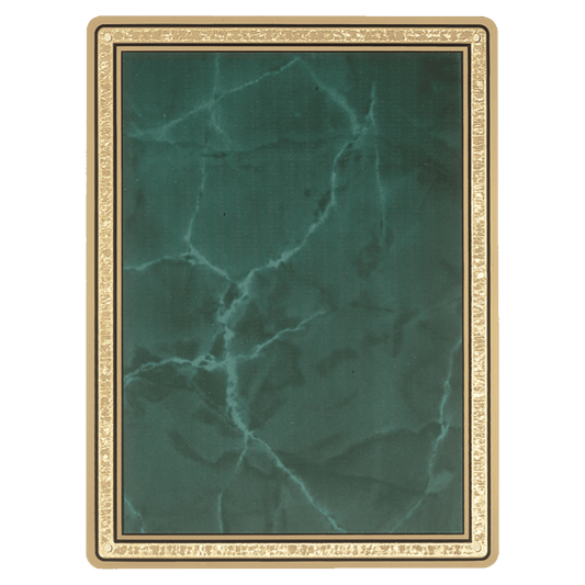 8 3/8" x 10 7/8" Emerald Marble Brass Plated Steel Plate with Round Corners, Gold Florentine Border and Four Holes