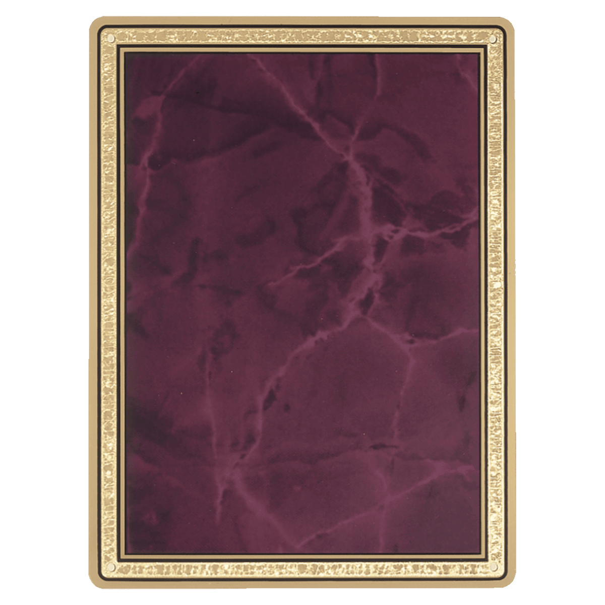 8 3/8" x 10 7/8" Ruby Marble Brass Plated Steel Plate with Round Corners, Gold Florentine Border, and Four Holes