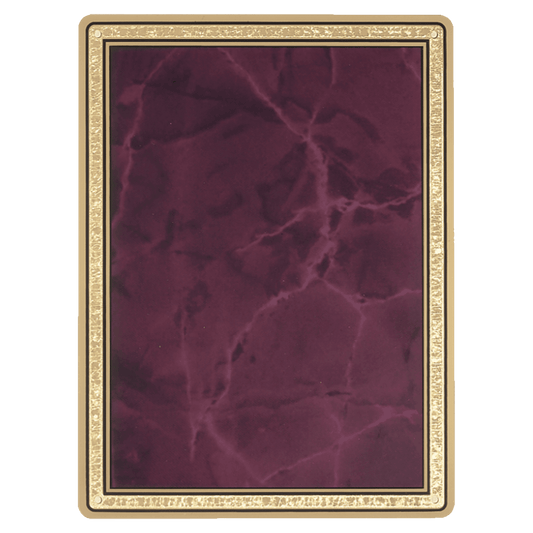 8 3/8" x 10 7/8" Ruby Marble Brass Plated Steel Plate with Round Corners, Gold Florentine Border, and Four Holes