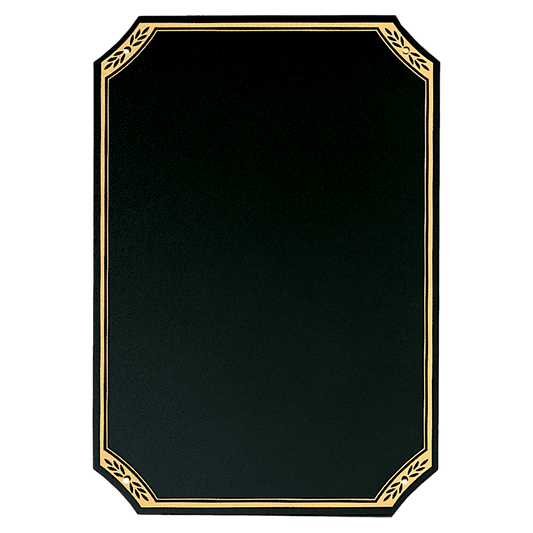 9" x 13" Black Laserable Brass Plate with Notched Corners, Gold Leaf Design Florentine Border and Four Holes (Fits P1644)